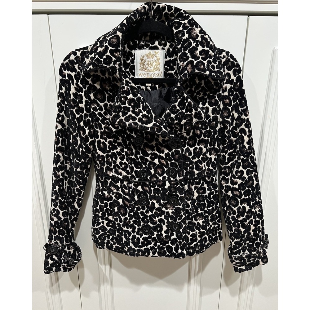 Wet Seal Leopard Animal Print Double Breasted Carpet Bag Coat Size XS Mob Wife